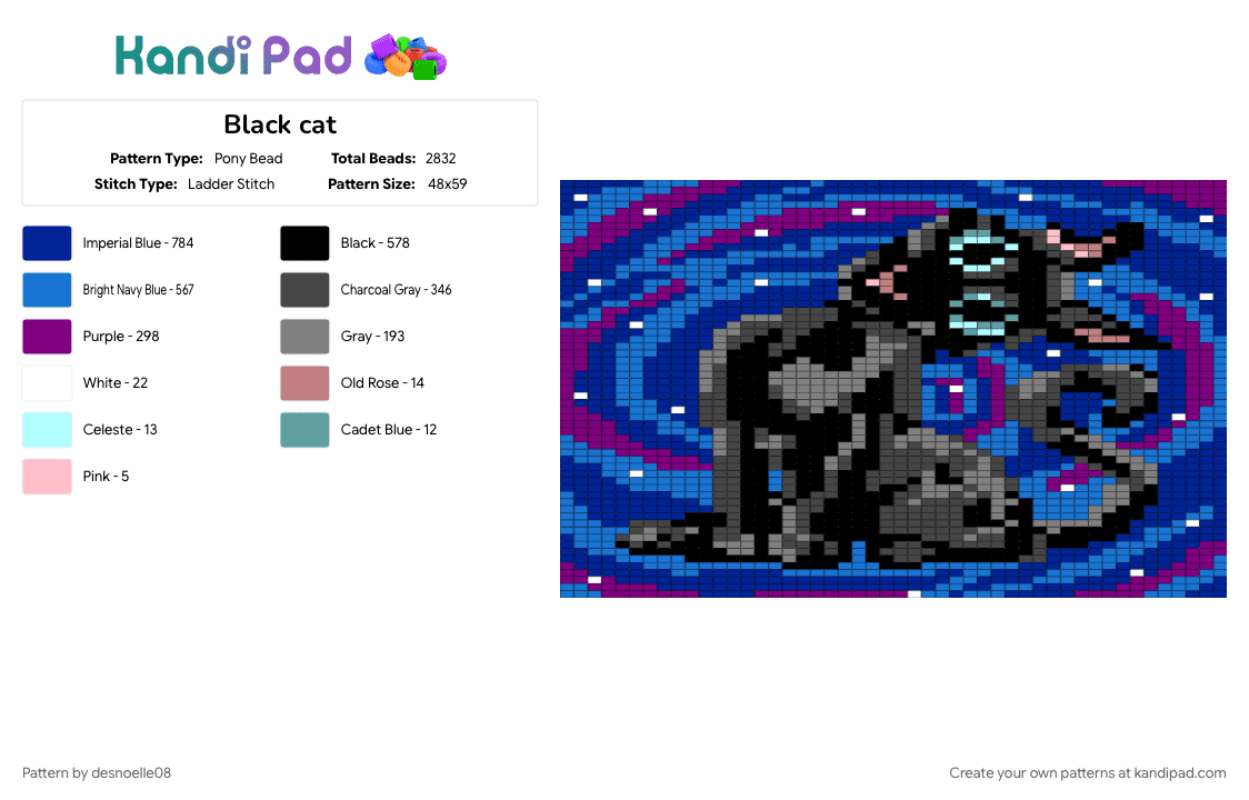 Black cat - Pony Bead Pattern by desnoelle08 on Kandi Pad - blue, brown, coraline, pink, purple