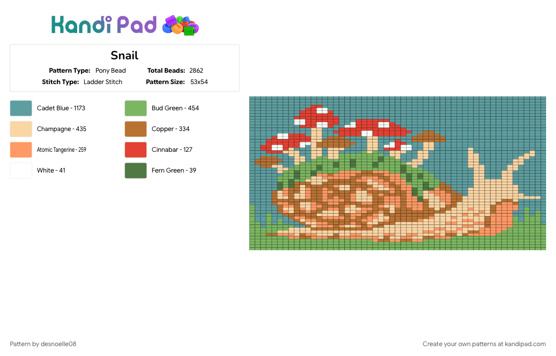 Snail - Pony Bead Pattern by desnoelle08 on Kandi Pad - beige, green, snail, teal