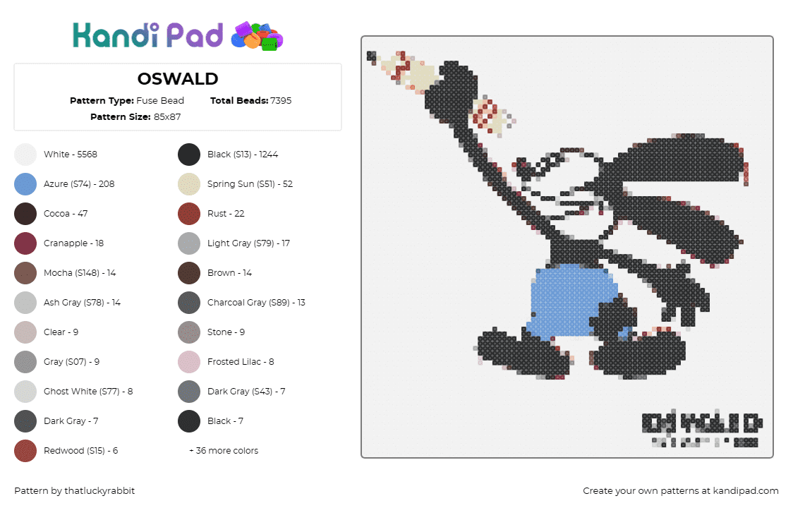 OSWALD - Fuse Bead Pattern by thatluckyrabbit on Kandi Pad - oswald,disney,rabbit,character,classic,mickey,black,blue