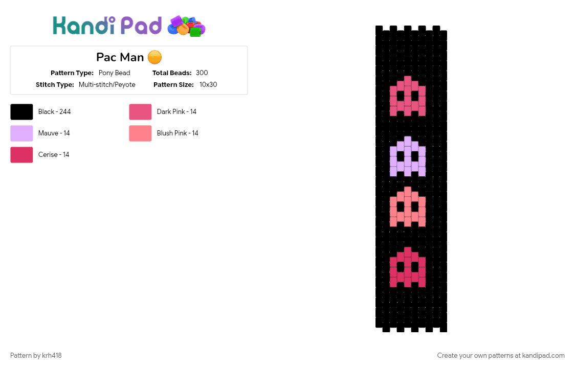 Pac Man 🟡 - Pony Bead Pattern by krh418 on Kandi Pad - black, game, pacman, pink, red
