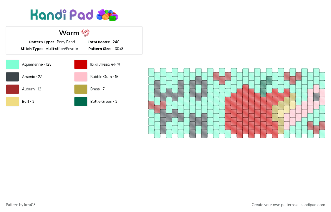 Worm 🪱 - Pony Bead Pattern by krh418 on Kandi Pad - apple, cuff, fruit, red, teal, worm