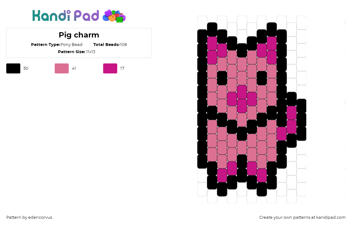 Pig charm - Pony Bead Pattern by edencorvus on Kandi Pad - pig,animal,farm,cute,simple,pink