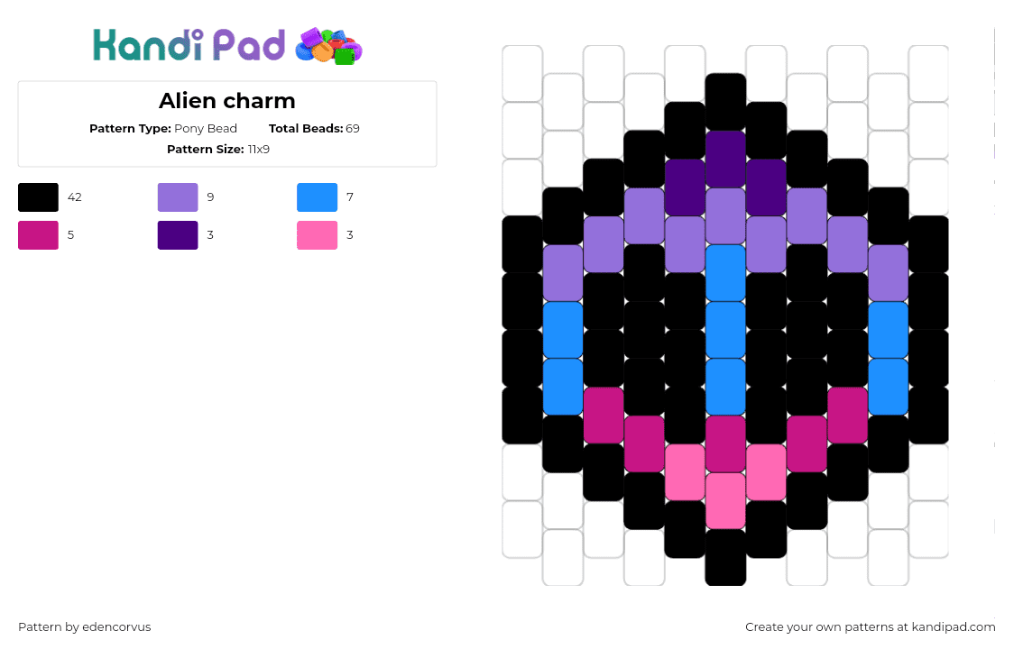 Alien charm - Pony Bead Pattern by edencorvus on Kandi Pad - alien,peace,dark,extraterrestrial,black,purple,pink