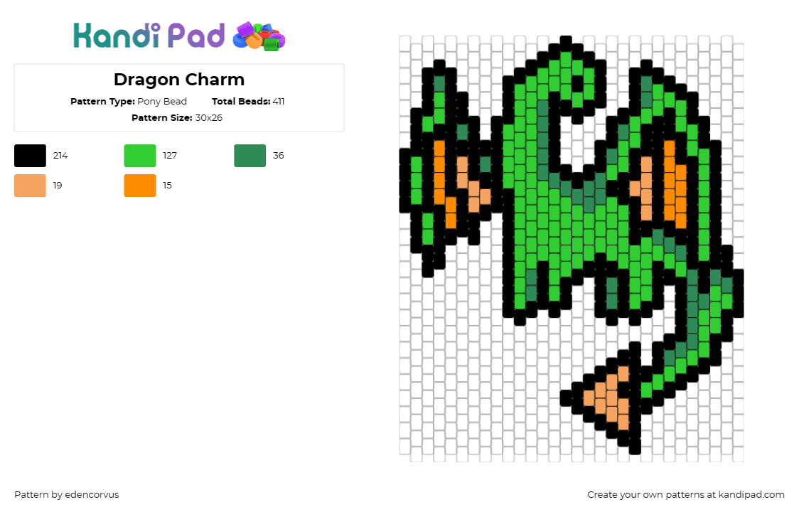 Dragon Charm - Pony Bead Pattern by edencorvus on Kandi Pad - dragon,fantasy,mythological,cute,green,orange