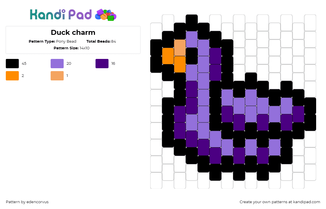 Duck charm - Pony Bead Pattern by edencorvus on Kandi Pad - duck,bird,animal,purple