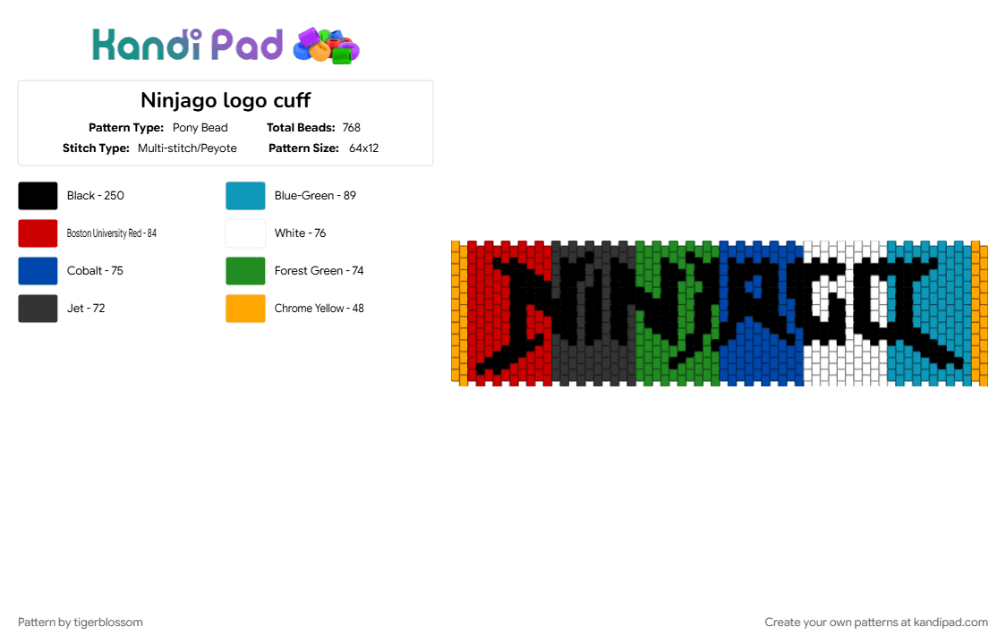 Ninjago logo cuff - Pony Bead Pattern by tigerblossom on Kandi Pad - blue, colorful, cuffs, green, light blue, logo, ninja, ninjago, panel, red, symbol, tv show