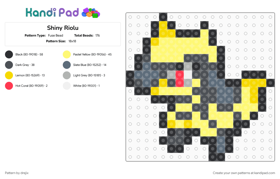 Shiny Riolu - Fuse Bead Pattern by drejix on Kandi Pad - gray, pokemon, pokemon diamondpearl, pokemon sprite, riolu, yellow