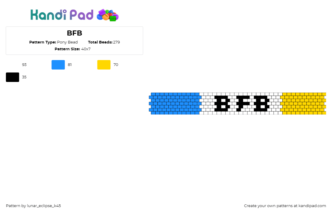 BFB - Pony Bead Pattern by lunar_eclipse_k45 on Kandi Pad - bfb,battle for dream island,animation,tv show,text,bracelet,cuff,blue,yellow,whi