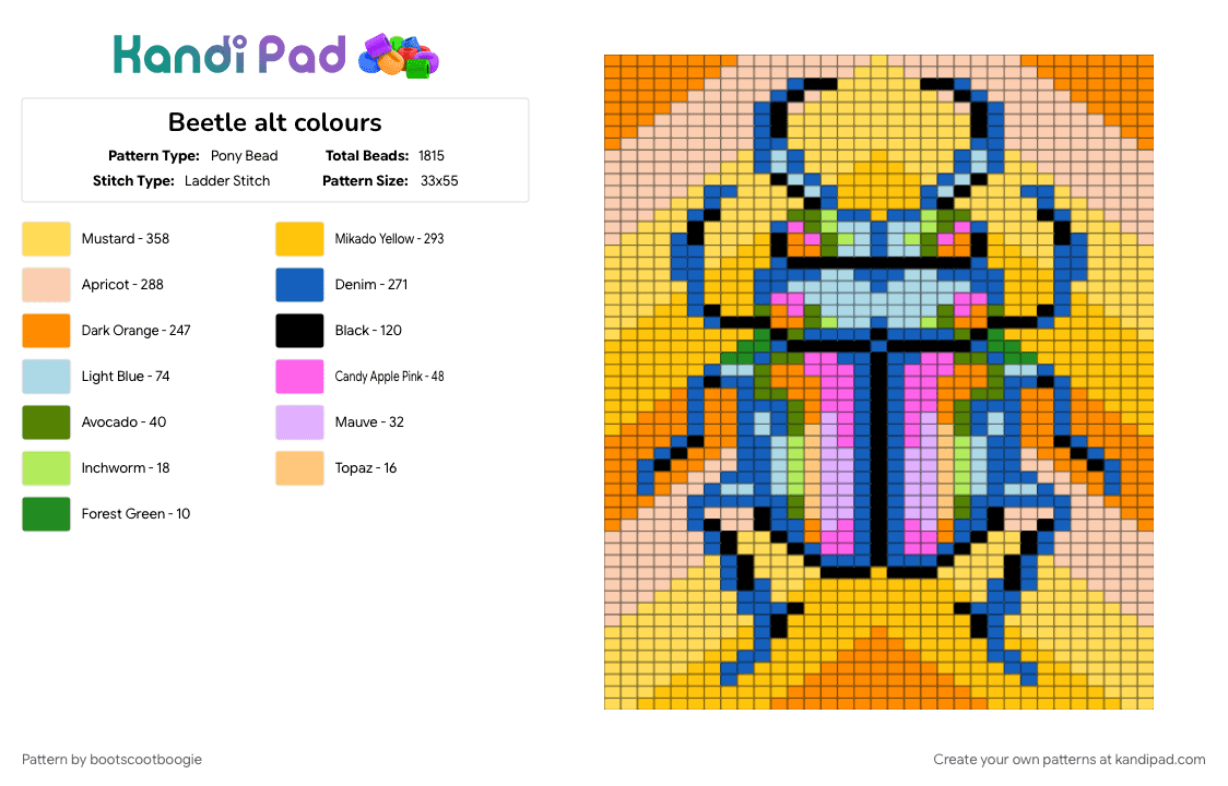Beetle alt colours - Pony Bead Pattern by bootscootboogie on Kandi Pad - beige, blue, orange, yellow