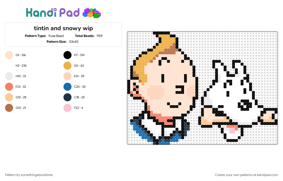 tintin and snowy wip - Fuse Bead Pattern by somethingaboutbirds on Kandi Pad - animal, beige, cartoon, character, comics, dog, face, head, human, orange