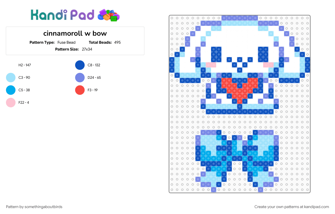 cinnamoroll w bow - Fuse Bead Pattern by somethingaboutbirds on Kandi Pad - blue, cinnamoroll, light blue, ribbon, sanrio