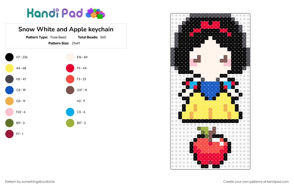 Snow White and Apple keychain - Fuse Bead Pattern by somethingaboutbirds on Kandi Pad - apple, black, blue, character, disney, princess, red, yellow