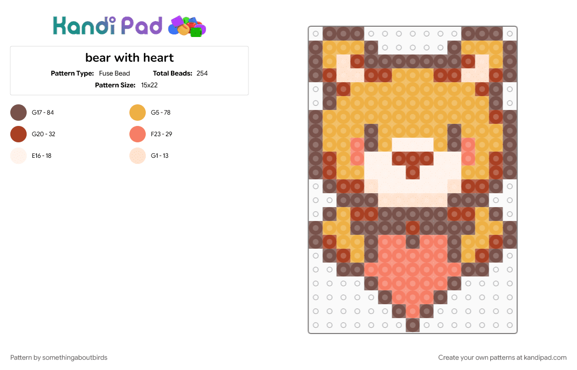 bear with heart - Fuse Bead Pattern by somethingaboutbirds on Kandi Pad - bear, brown, heart, love, orange, teddy