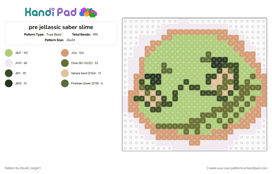 pre jellassic saber slime - Fuse Bead Pattern by 4tsvk0_k4g4r1 on Kandi Pad - cotddinosaurs, green