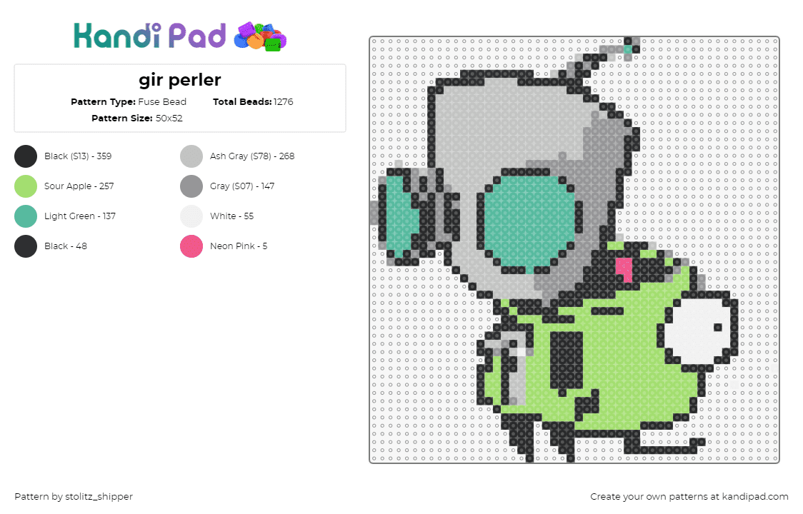 gir perler - Fuse Bead Pattern by stolitz_shipper on Kandi Pad - gir,invader zim,costume,robot,character,cartoon,tv show,gray,green,teal