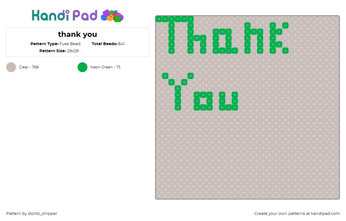 thank you - Fuse Bead Pattern by stolitz_shipper on Kandi Pad - thank you,text,sign,simple,green,beige