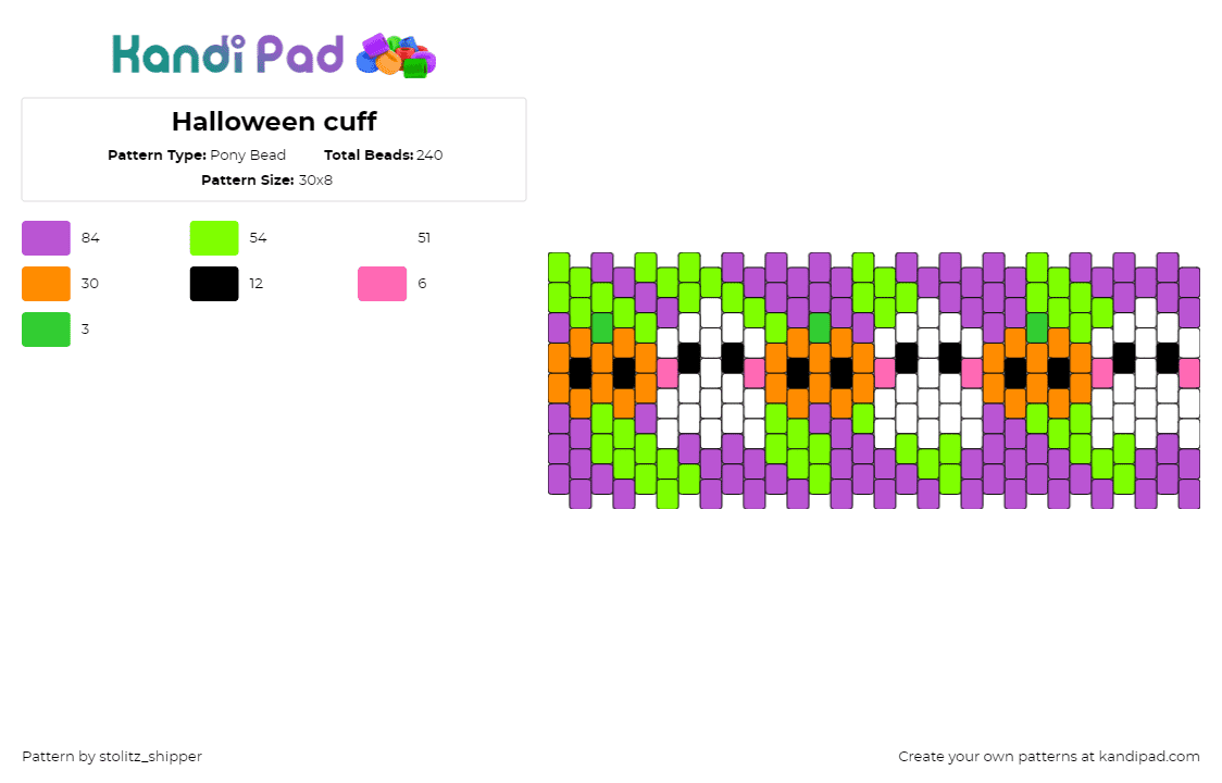 Halloween cuff - Pony Bead Pattern by stolitz_shipper on Kandi Pad - ghosts,pumpkins,halloween,repeating,cute,cuff,purple,green,white,orange