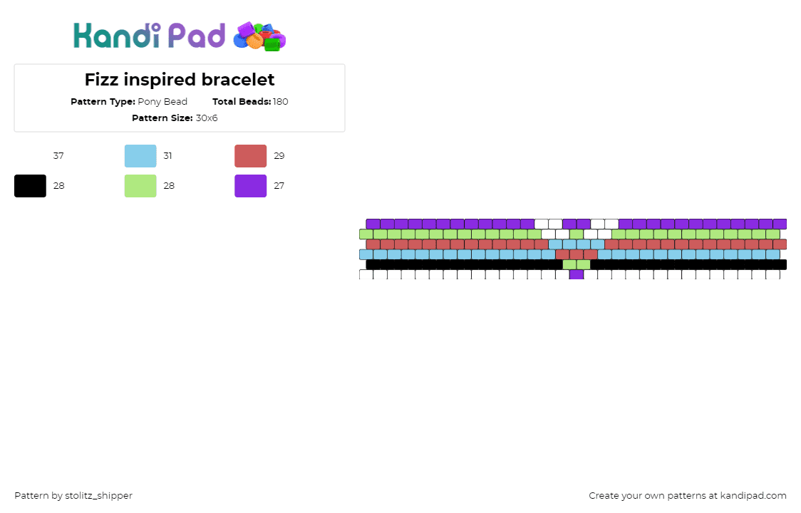 Fizz inspired bracelet - Pony Bead Pattern by stolitz_shipper on Kandi Pad - fizzarolli,hazbin hotel,clown,demon,tv show,cartoon,bracelet,cuff,horizontal,stripes,purple,green,red,light blue