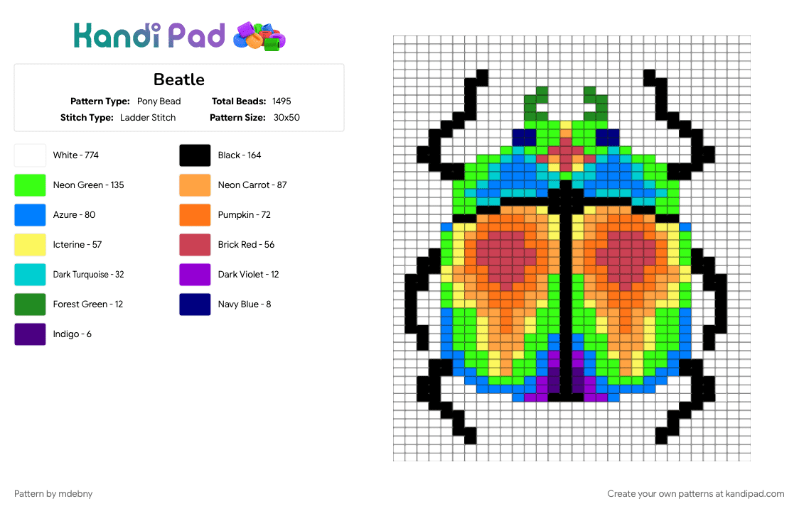 Beatle - Pony Bead Pattern by mdebny on Kandi Pad - blue, green, orange, white