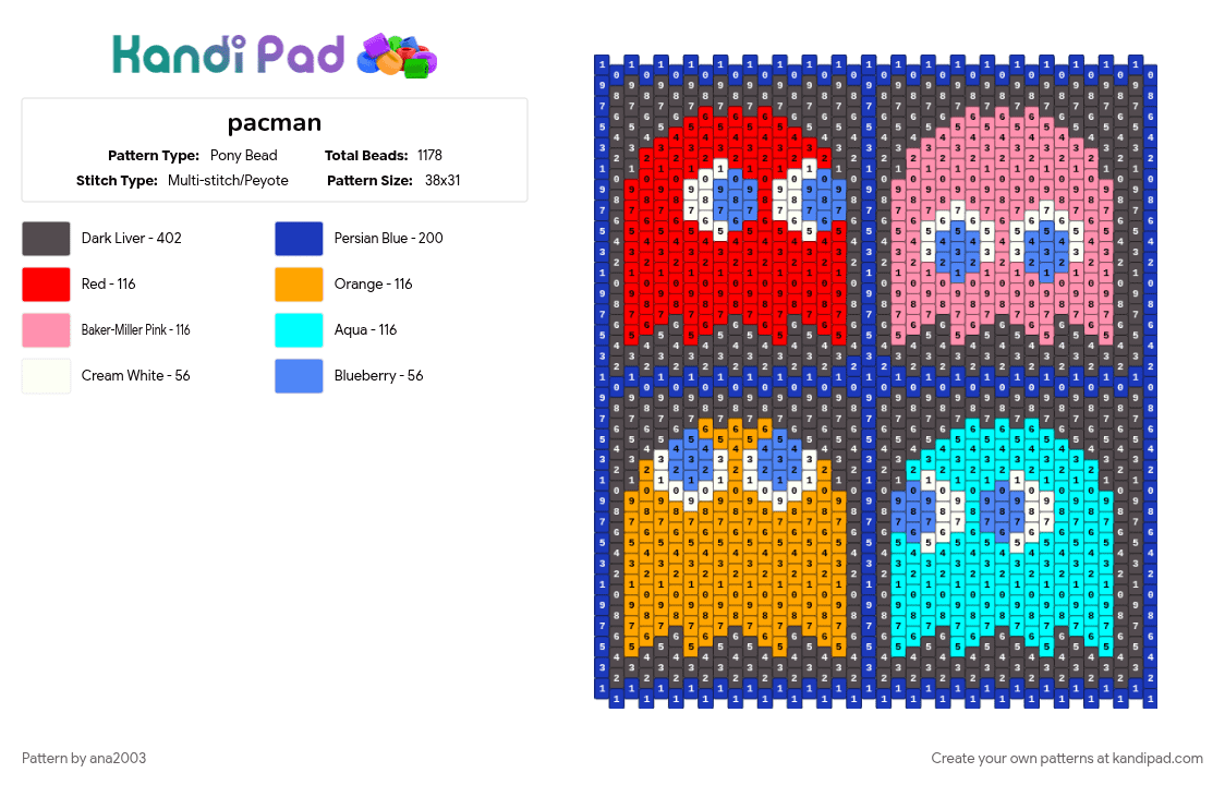 Even Peyote Stitch Pacman Ghost - Pony Bead Pattern by ana2003 on Kandi Pad - brown, purple