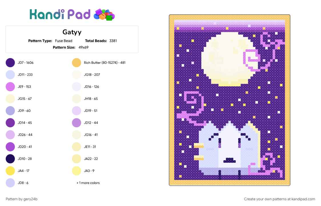 Gatyy - Fuse Bead Pattern by gery24b on Kandi Pad - bfdi, gaty, gaty osc tpot, moon, object shows, osc, purple, purple sky, whos gaty