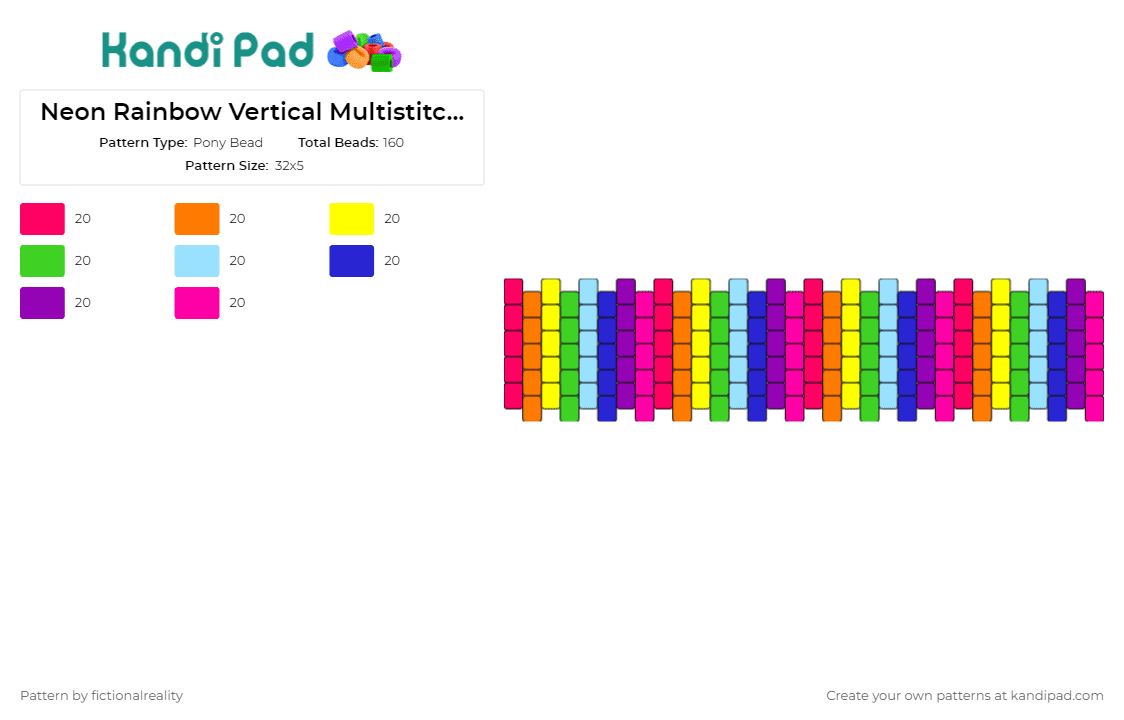 Neon Rainbow Vertical Multistitch Cuff - Pony Bead Pattern by fictionalreality on Kandi Pad - rainbow,neon,stripes,colorful,cuff