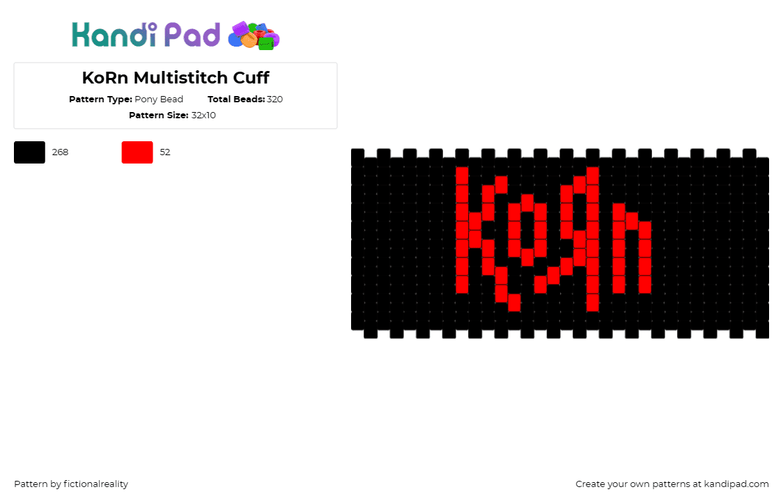 KoRn Multistitch Cuff - Pony Bead Pattern by fictionalreality on Kandi Pad - korn,logo,band,metal,music,dark,cuff,red,black