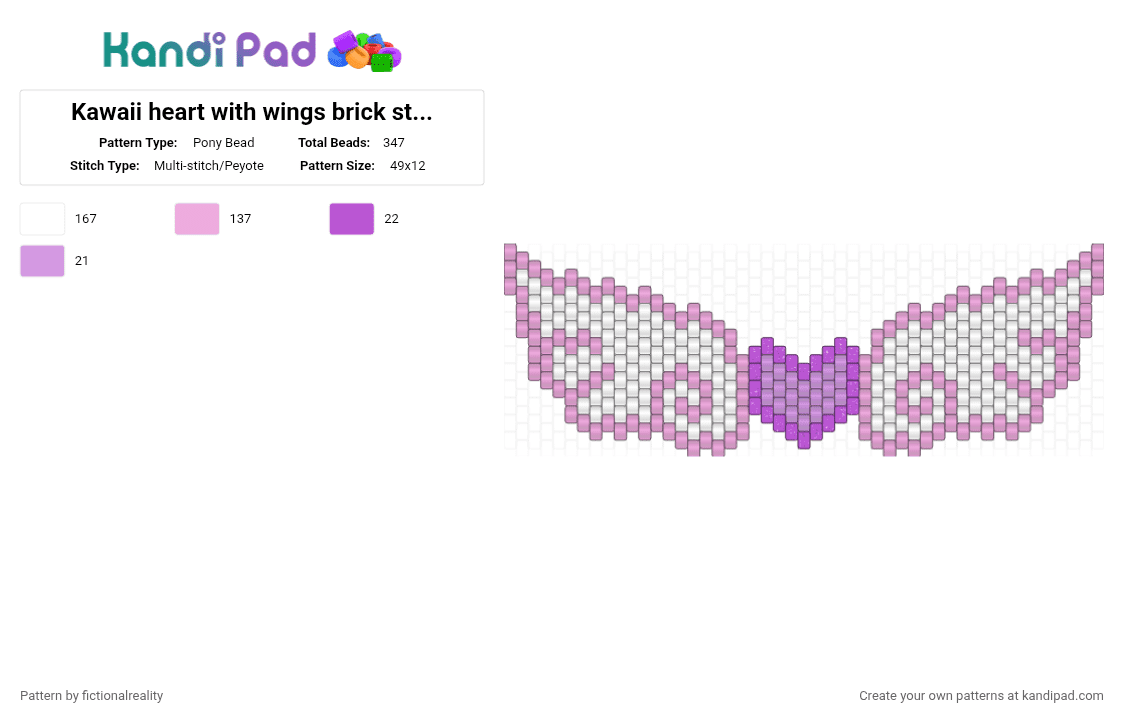 Kawaii heart with wings brick stitch charm - Pony Bead Pattern by fictionalreality on Kandi Pad - pink,white