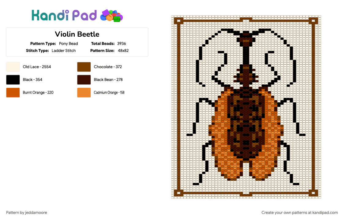 Violin Beetle - Pony Bead Pattern by jeddamoore on Kandi Pad - beetle, brown, bug, cotdviolins, insect, panel, tapestry, white
