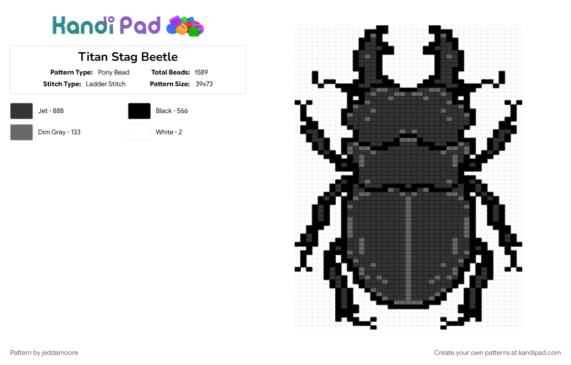 Titan Stag Beetle - Pony Bead Pattern by jeddamoore on Kandi Pad - animal, beetle, black, bug, cotdbugs, gray, insect, nature