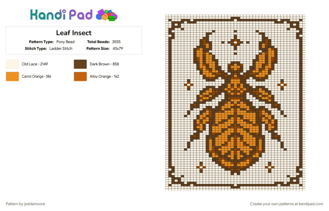 Leaf Insect - Orange - Pony Bead Pattern by jeddamoore on Kandi Pad - brown, bug, insect, nature, panel, white