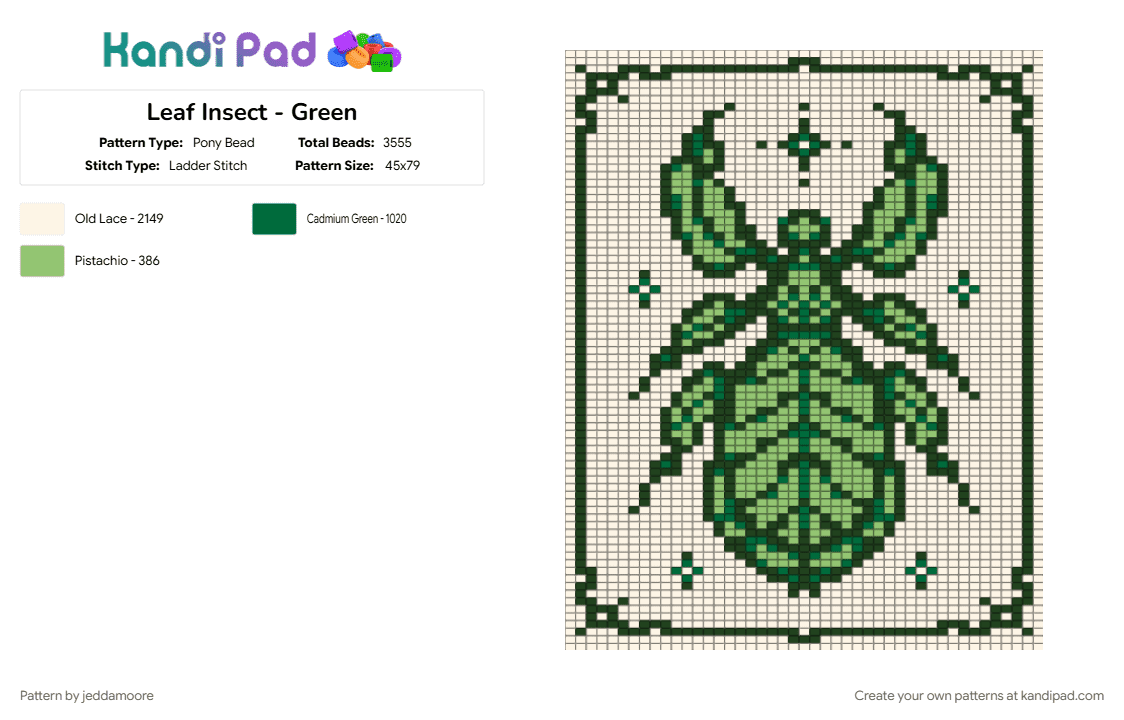 Leaf Insect - Green - Pony Bead Pattern by jeddamoore on Kandi Pad - animal, bug, insect, nature, panel, white