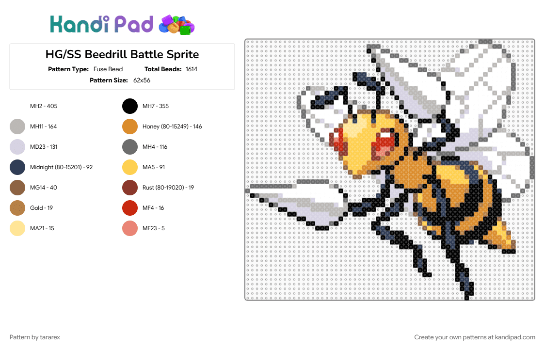 HG/SS Beedrill Battle Sprite - Fuse Bead Pattern by tararex on Kandi Pad - beedrill, beige, colorful, orange, pokemon, pokemon sprite, white, yellow