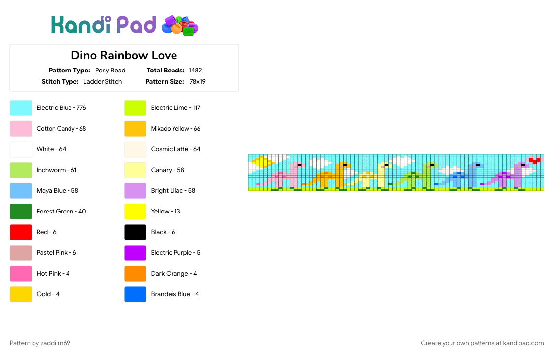 Dino Rainbow Love - Pony Bead Pattern by zaddiim69 on Kandi Pad - light blue, pink, yellow