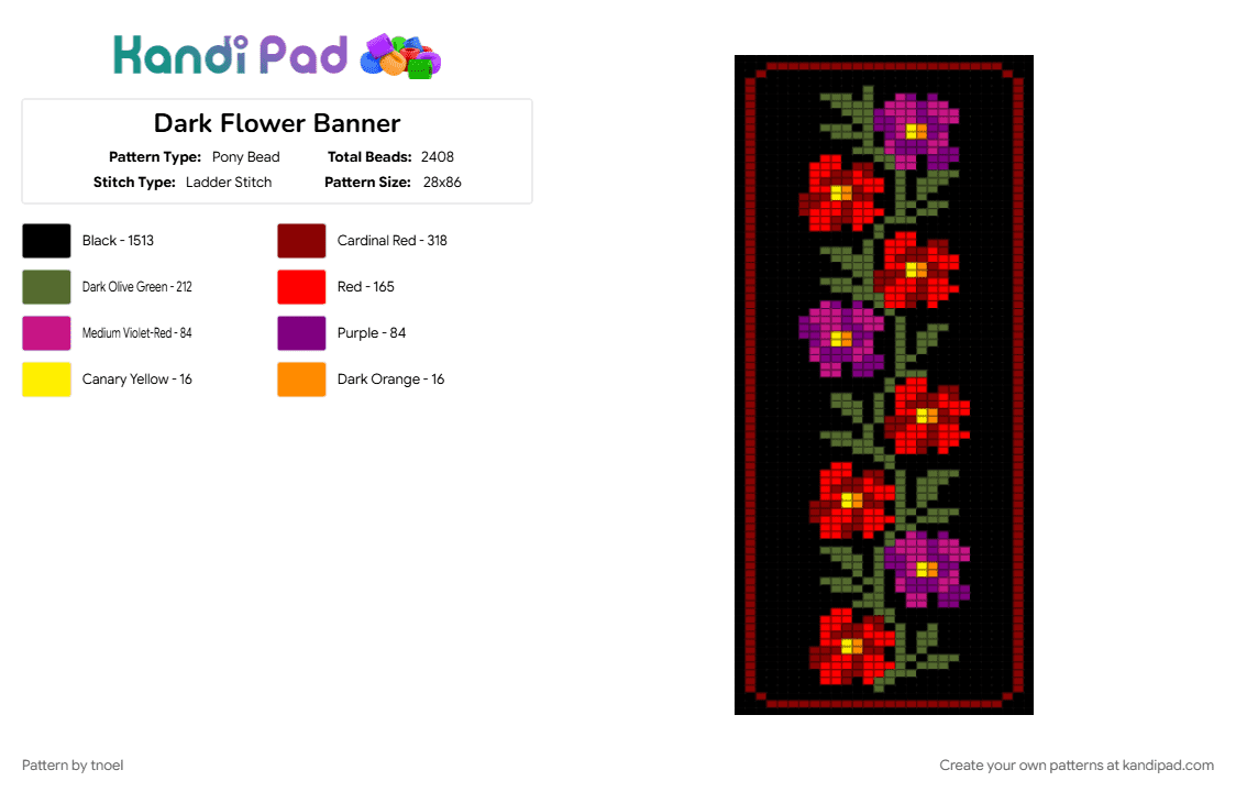 Dark Flower Banner - Pony Bead Pattern by tnoel on Kandi Pad - black, gold, pink, red