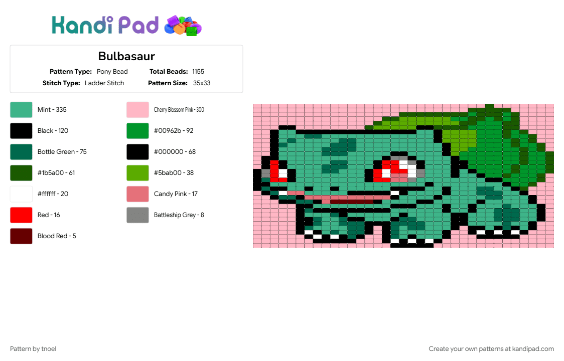 Bulbasaur - Pony Bead Pattern by tnoel on Kandi Pad - green, pink, teal