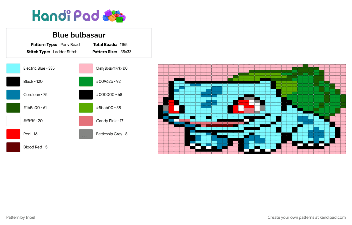 Blue bulbasaur - Pony Bead Pattern by tnoel on Kandi Pad - green, light blue, pink