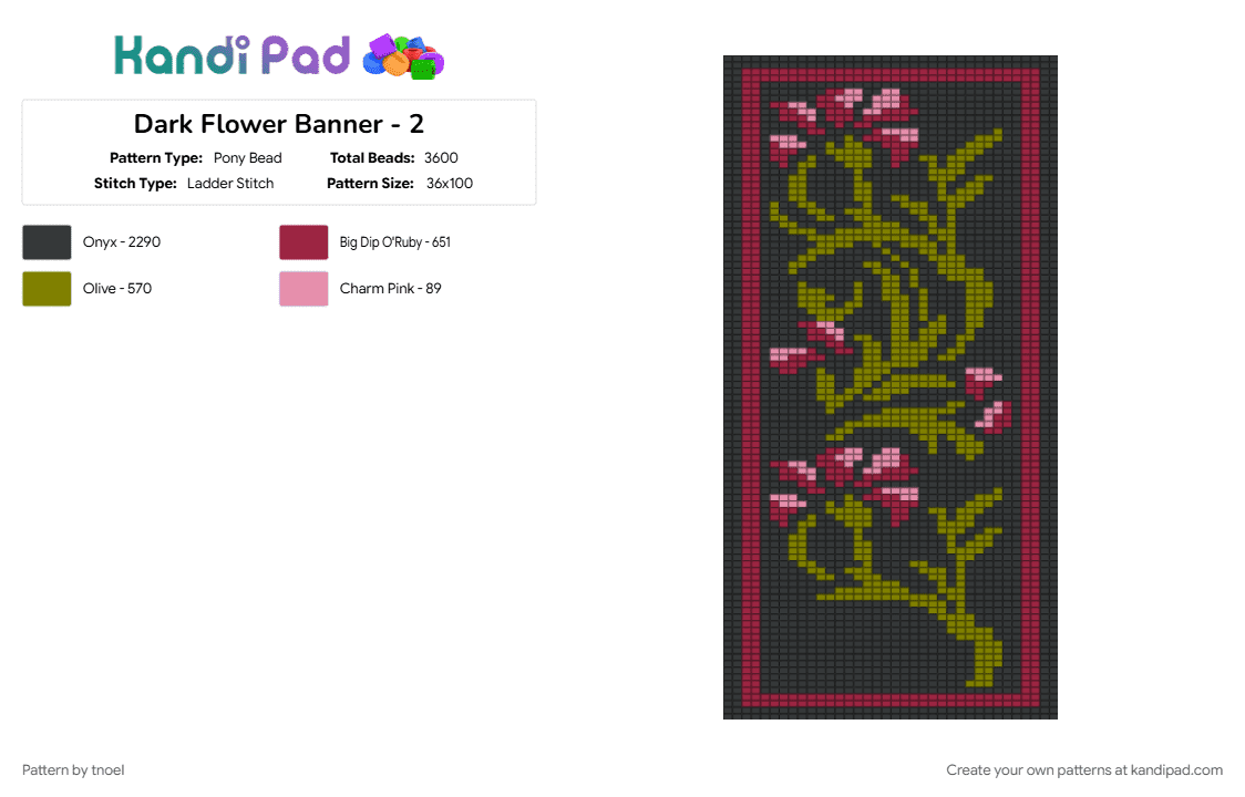 Dark Flower Banner - 2 - Pony Bead Pattern by tnoel on Kandi Pad - black, gold, red