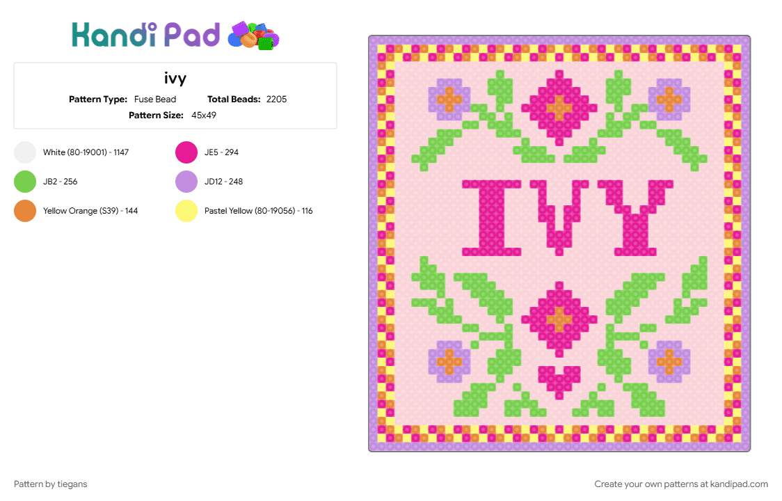 ivy - Fuse Bead Pattern by tiegans on Kandi Pad - green, pink, white