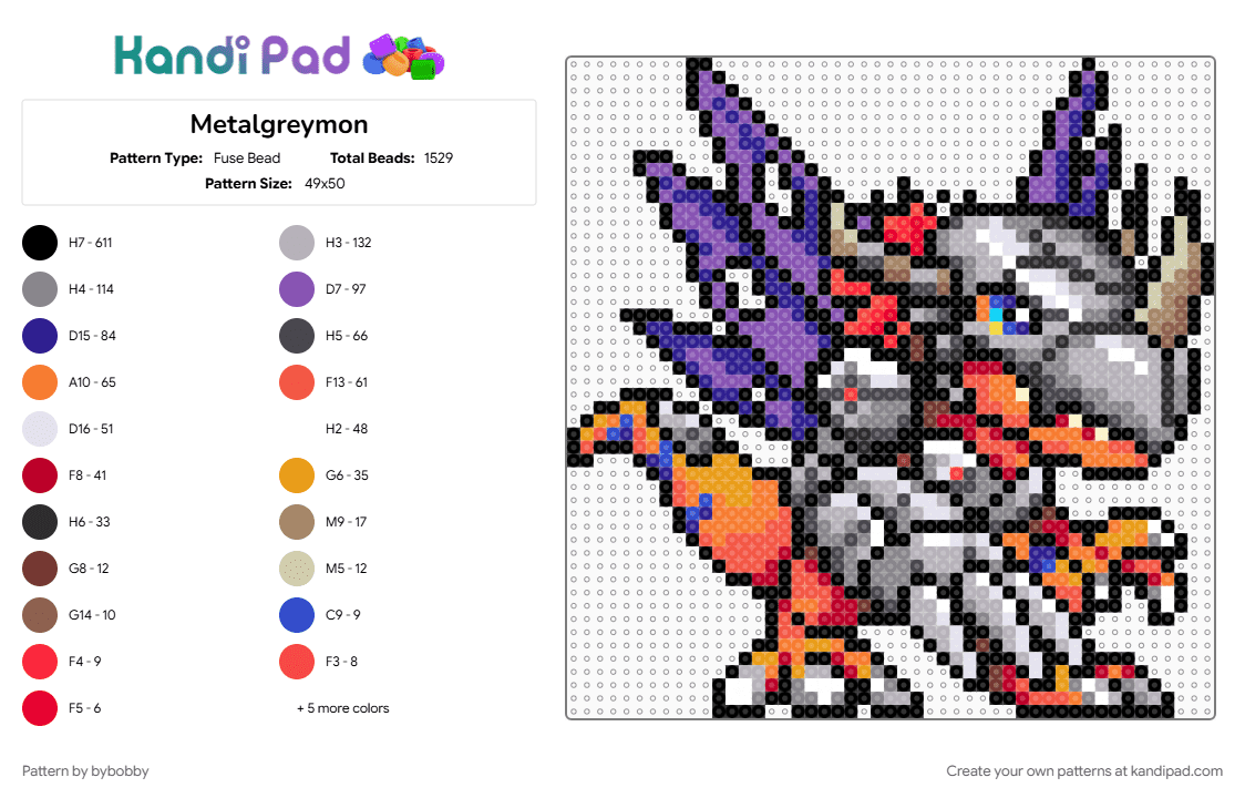 Metalgreymon - Fuse Bead Pattern by bybobby on Kandi Pad - beige, black, colorful, gray, purple, red