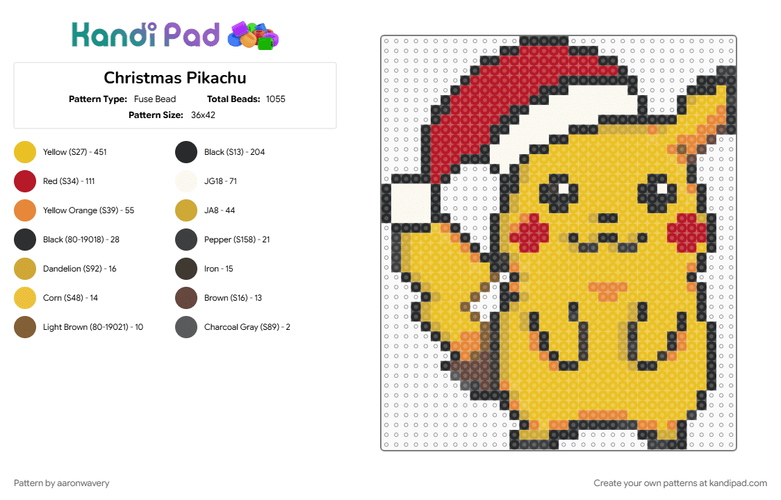 Christmas Pikachu - Fuse Bead Pattern by aaronwavery on Kandi Pad - red, yellow