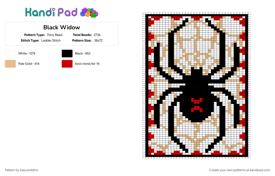 Black Widow - Pony Bead Pattern by basuradelrio on Kandi Pad - beige, red, spider, white