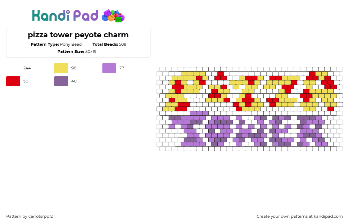 pizza tower peyote charm - Pony Bead Pattern by carrotsrppl2 on Kandi Pad - pizza tower,logo,video game,food,purple,yellow,red