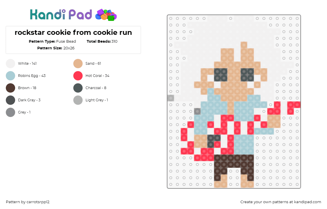 rockstar cookie from cookie run - Fuse Bead Pattern by carrotsrppl2 on Kandi Pad - rockstar,cookie run,guitar,video game,character,music,red,white,tan