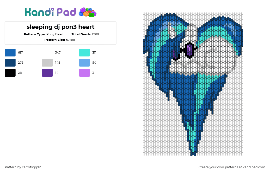 sleeping dj pon3 heart - Pony Bead Pattern by carrotsrppl2 on Kandi Pad - dj pon3,my little pony,mlp,heart,cute,character,blue,teal,gray