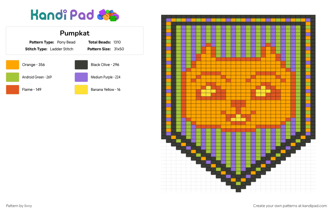 Pumpkat - Pony Bead Pattern by livvy on Kandi Pad - cat, green, halloween, orange, pumpkin, purple