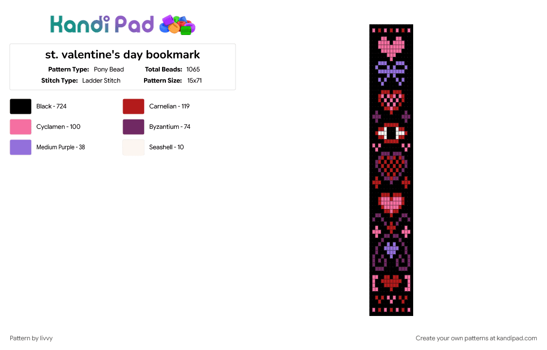 st. valentine\'s day bookmark - Pony Bead Pattern by livvy on Kandi Pad - black, bookmark, heart, pink, red, valentine