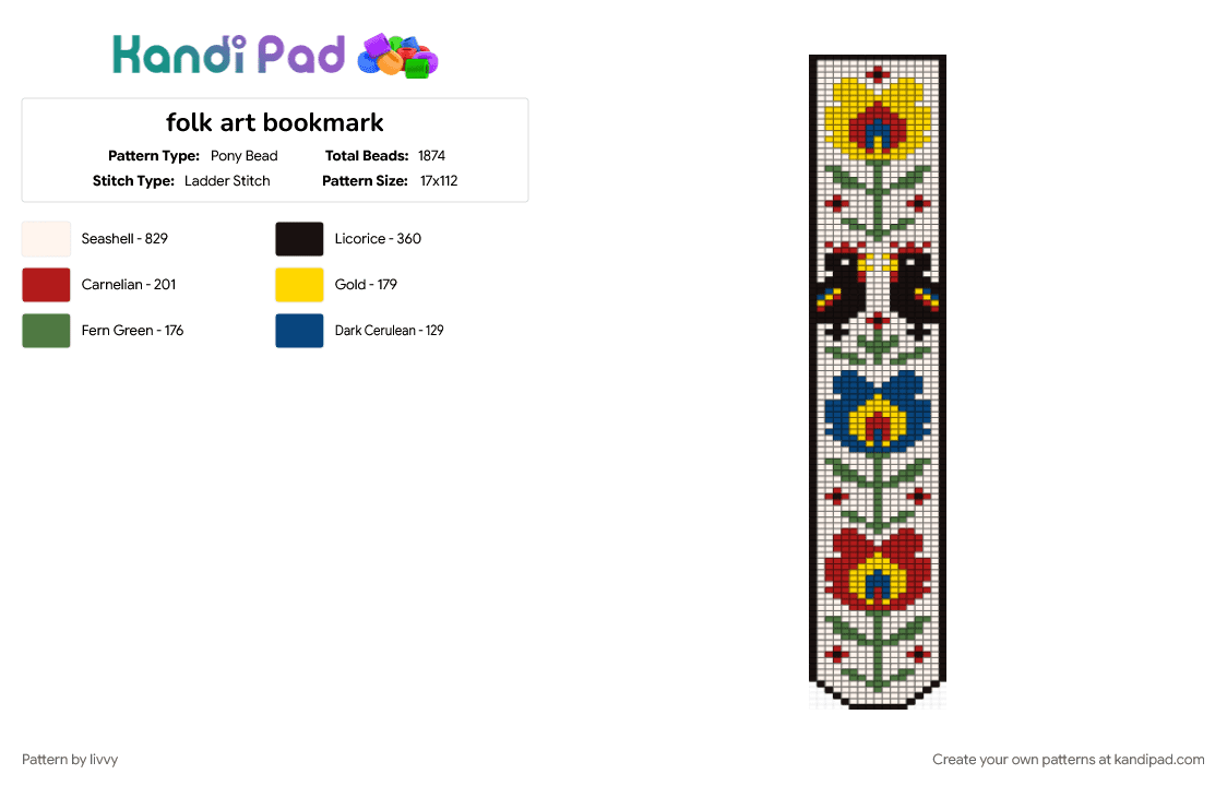 folk art bookmark - Pony Bead Pattern by livvy on Kandi Pad - green, red, white, yellow
