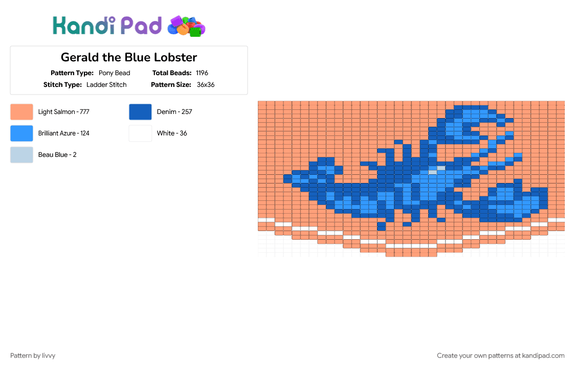 Gerald the Blue Lobster - Pony Bead Pattern by livvy on Kandi Pad - blue, coastal, coral, lobster, maritime, ocean, orange, sea