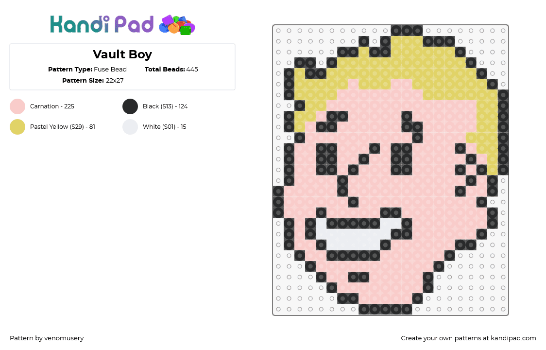 Vault Boy - Fuse Bead Pattern by venomusery on Kandi Pad - vault boy,fallout,video game,character,head,pink,yellow